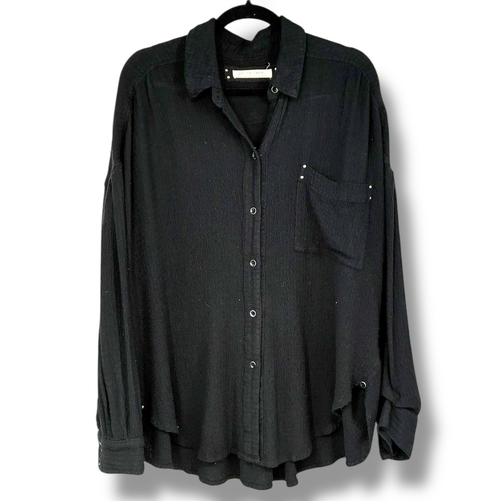 Free People‎ We The Free Black Studded Viscose Button Down Shirt Oversized S EUC